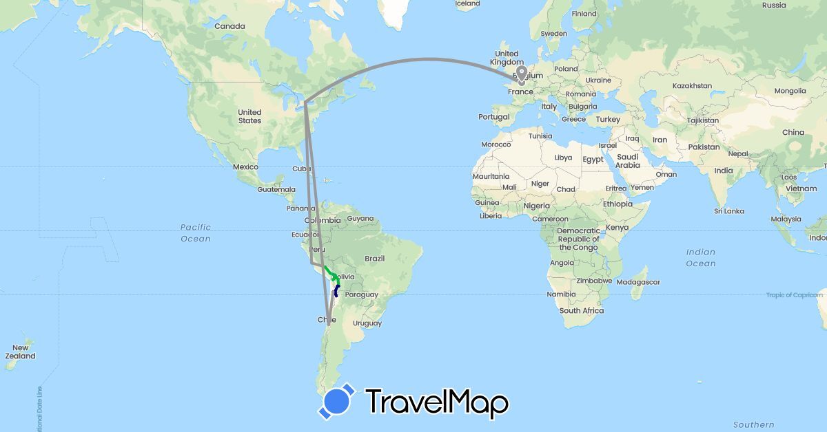 TravelMap itinerary: driving, bus, plane, boat in Bolivia, Canada, Chile, France, Peru (Europe, North America, South America)